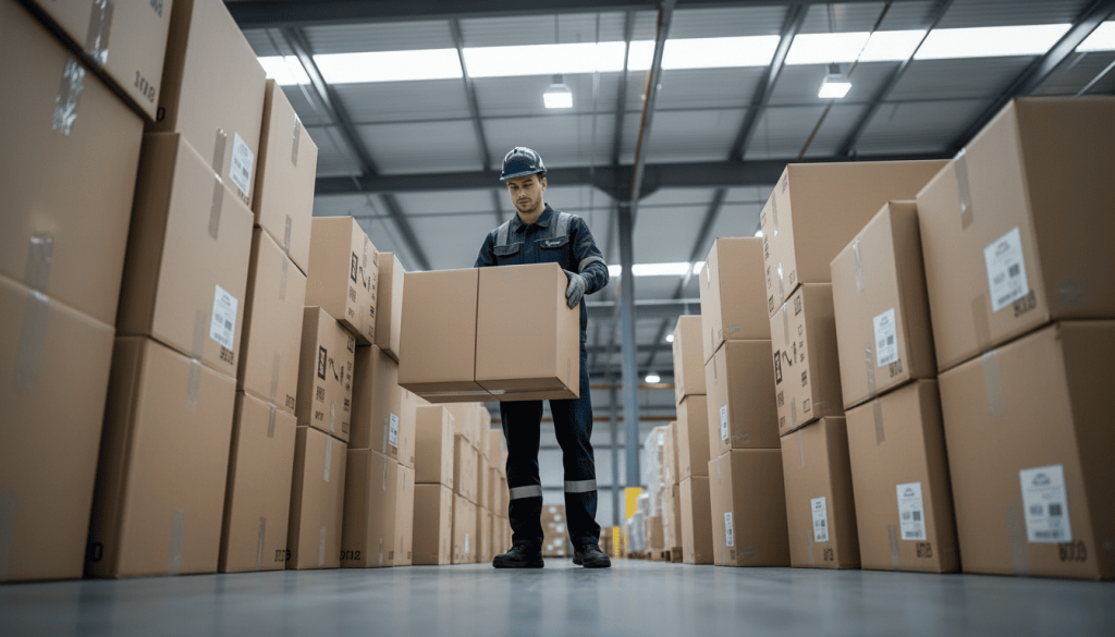 persona cargando una caja en almacen logístico