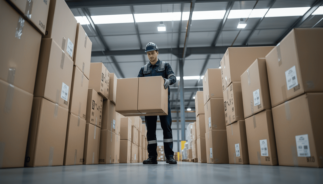 persona cargando una caja en almacen logístico