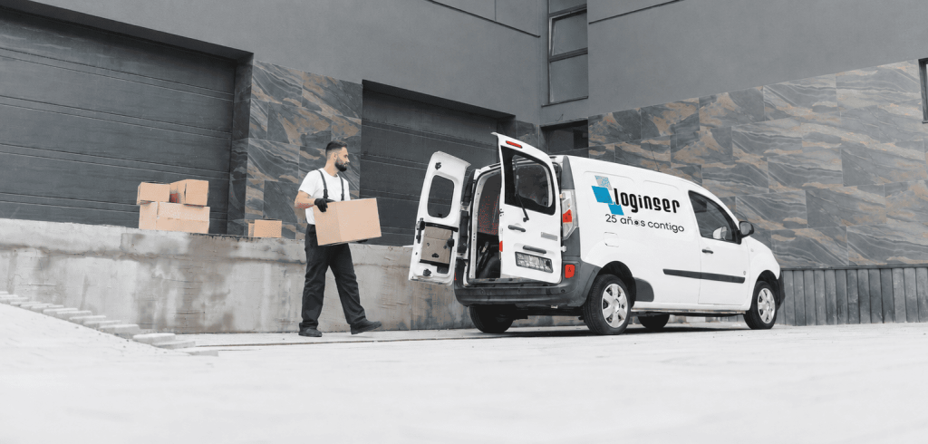 hombre cargando cajas para entregas logísticas en su van